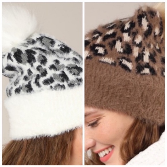 Soft mocha leopard print faux fur pom beanie - Picture 7 of 7